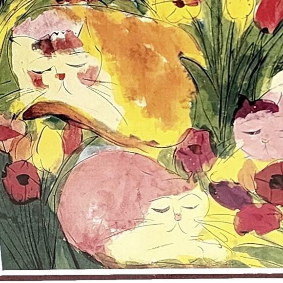 Sleepy Kitties Artwork - 8.75 Framed Pencil Drawing Watercolor of Cats in Garden - Picture 4 of 5